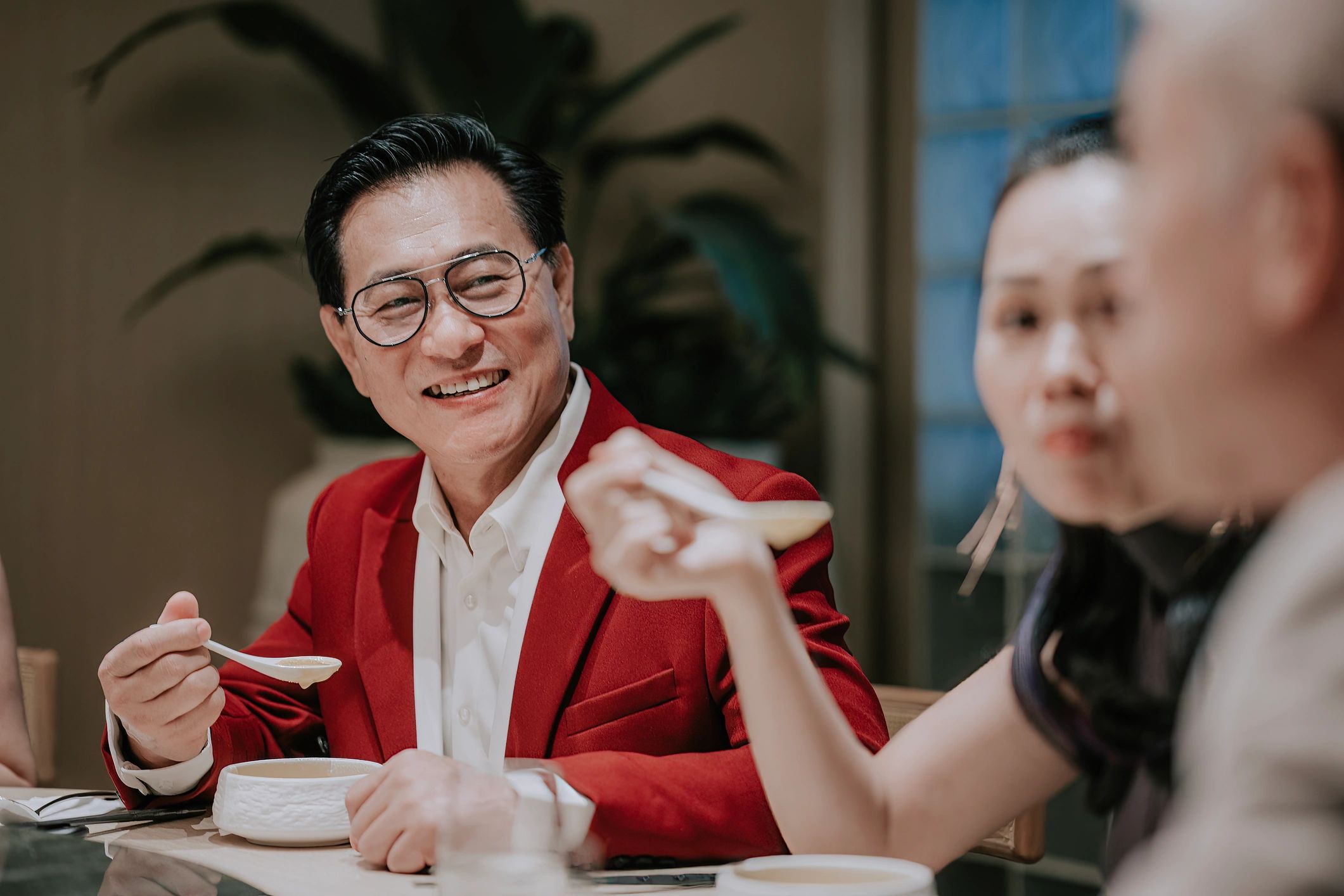 Happy restaurant guest enjoying a meal